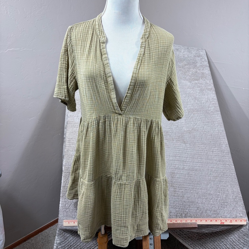Anthropologie Cotton Double Gauze Tiered Mini Dress Olive Green Small